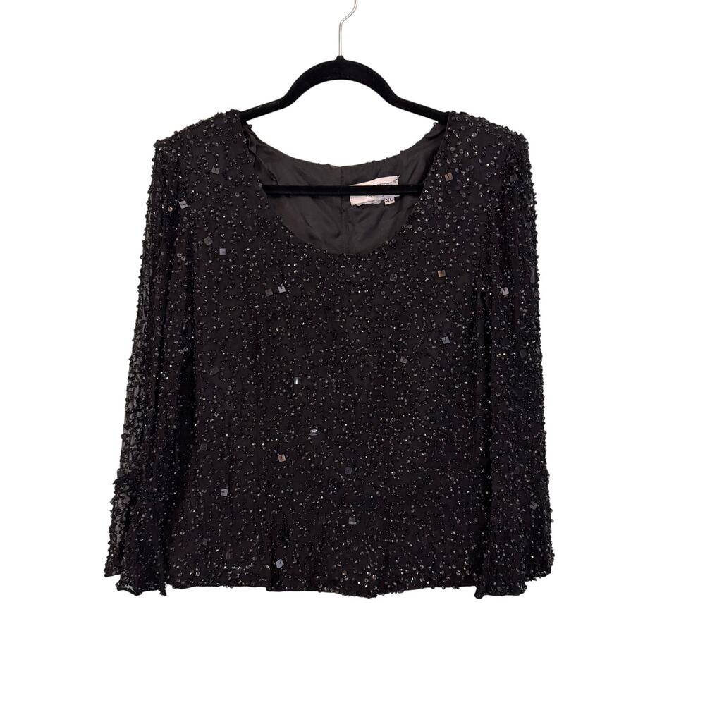 Pappell Boutique Evening Top Women XL Black Sequin Beaded Sheer Bell Long Sleeve